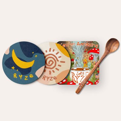 Coasters + Mushroom Magnet + Acacia Spoon - Cozy Table