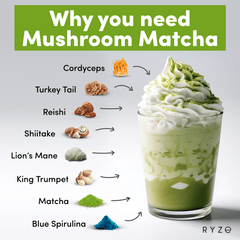 RYZE Mushroom Matcha - with 6 Organic Adaptogenic Mushrooms Grown In USA and Ceremonial-Grade Japanese Matcha - Clean Energy