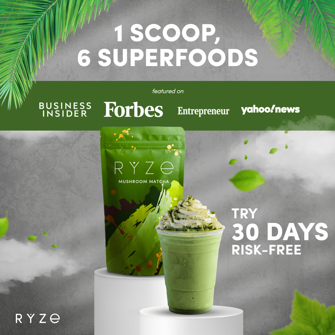 RYZE Mushroom Matcha - with 6 Organic Adaptogenic Mushrooms Grown In USA and Ceremonial-Grade Japanese Matcha - Clean Energy